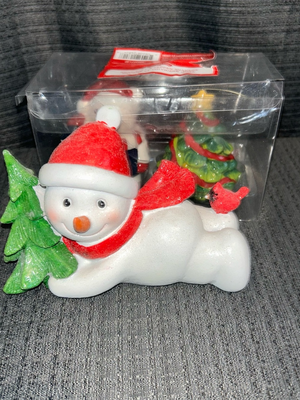 Festive White Snowman Figurine with Red Hat, Scarf & Green Tree